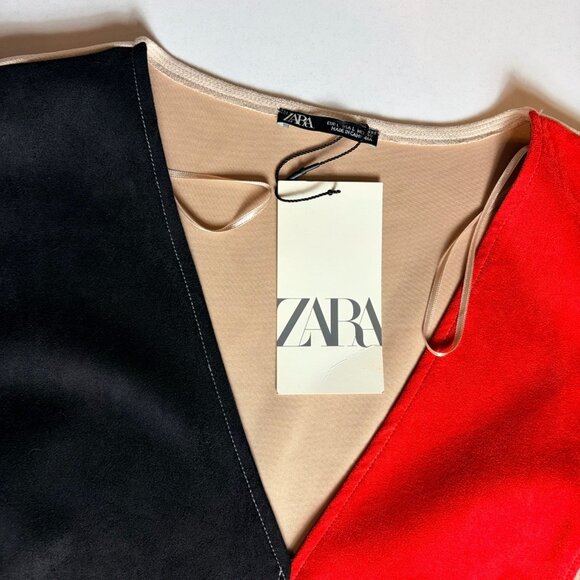 Zara Womens Dress Faux Suede Microfiber Tan Black Red Color Block Sz L NWT - Picture 10 of 10